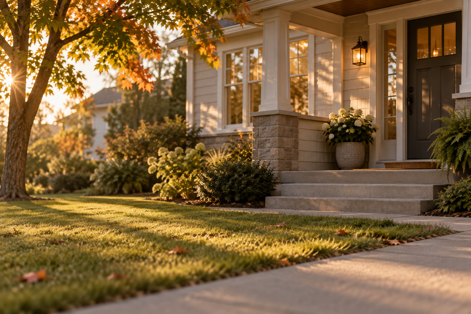 The front of a well-kept Canadian house at golden hour, porch light on